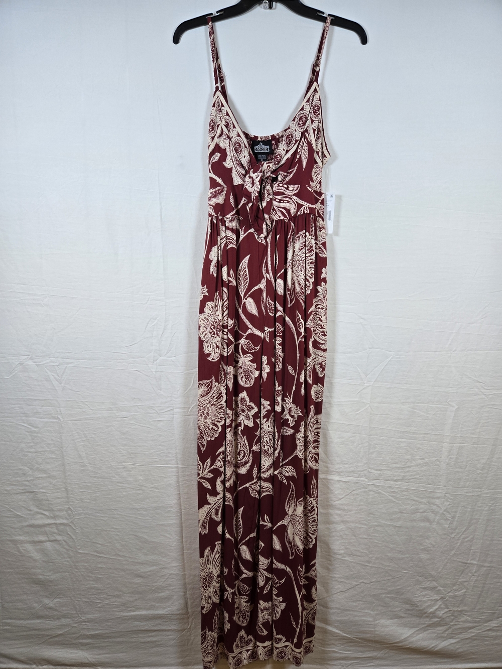 Angie Burgundy and Cream Floral Tie-Front Jumpsuit with Spaghetti Straps